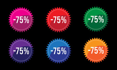 Minus 75 % discount stamp promotional badge design vector sticker set on black background in six different color