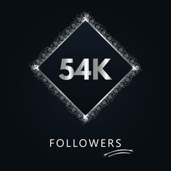 54K or 54 thousand followers with frame and silver glitter isolated on dark navy blue background. Greeting card template for social networks friends, and followers. Thank you, followers, achievement.