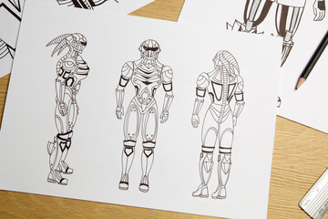 Sketches drawing of robotic heroes for a computer game.