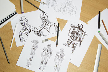 Sketches drawing of robotic heroes for a computer game.
