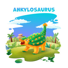 cheerful cartoon ankylosaurus on green meadow
palm trees blue sky clouds natural landscape - 507346376