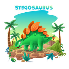 cute cartoon stegosaurus on rock palm trees clouds natural landscape © mollicart