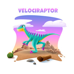cute cartoon velociraptor on sand desert mountains natural landscape - 507346907