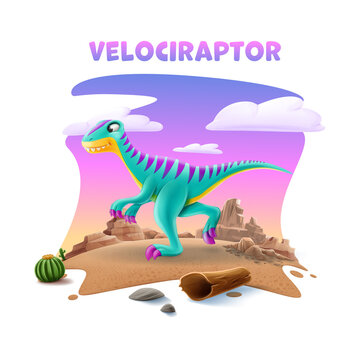 cute cartoon velociraptor on sand desert mountains natural landscape