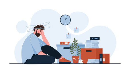 Concept of fatigue and emotional overload. Tired man with paper. Sadness male sitting in office on floor around pile of documents. Monotonous and routine work. Cartoon flat vector illustration.