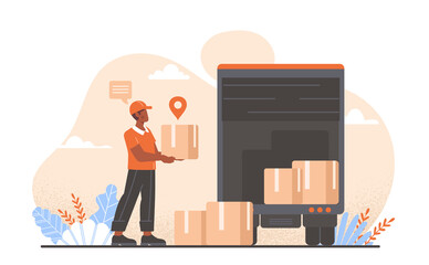 Transportation services of things. Moving of items to destination. Man puts cardboard boxes in truck container. Advertising banner for delivery or global logistics. Cartoon flat vector illustration.