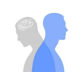 Blue male silhouette in profile with a translucent gray projection. Mental health concept. Duality and hidden emotions