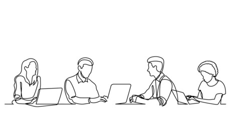 vector illustration of continuous line drawing of office workers at business meeting solving work tasks