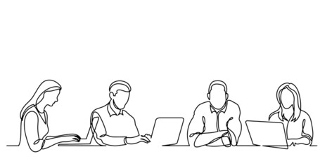 vector illustration of continuous line drawing of office workers at business meeting solving work tasks