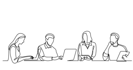 vector illustration of continuous line drawing of office workers at business meeting solving work tasks
