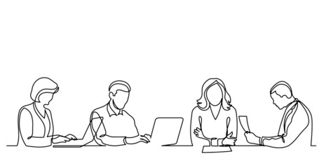 vector illustration of continuous line drawing of office workers at business meeting solving work tasks