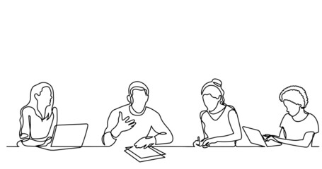 vector illustration of continuous line drawing of office workers at business meeting solving work tasks