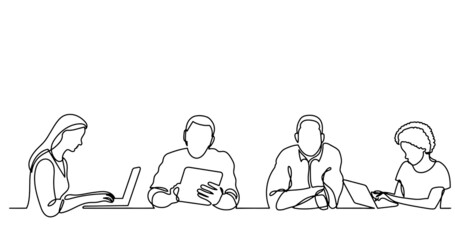 vector illustration of continuous line drawing of office workers at business meeting solving work tasks