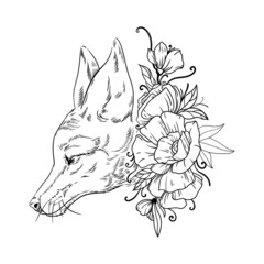 illustration line fauna and flora animal fox flowers leaves roses head black and white