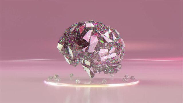  Abstract concept. Large diamond brains rotate on the platform. Pink white color. 3d animation of seamless loop