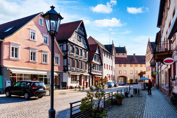 Fototapeta na wymiar Marktstrasse in the idyllic village Wolfach, Ordenaukreis, Black Forest, Germany