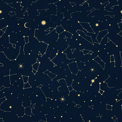Constellations in the sky. Seamless pattern. Orion, Sagittarius, Scorpio, Cepheus, Ursa Major, etc.