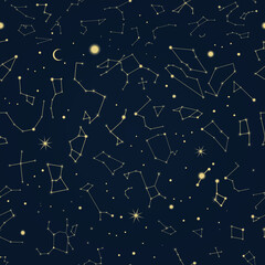 Constellations in the sky. Seamless pattern. Orion, Sagittarius, Scorpio, Cepheus, Ursa Major, etc. © Dana