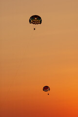 telephoto of a tourist parachutes along an Ibiza beach at sunset