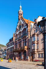 Fototapeta premium Marktstrasse with town hall in the idyllic village Wolfach, Ordenaukreis, Black Forest, Germany