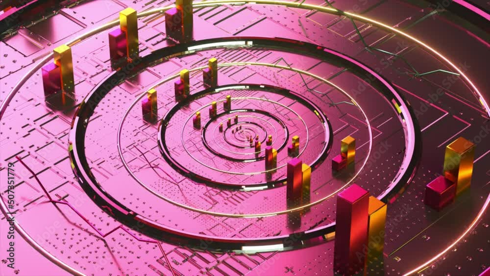 Poster abstraction concept. round microchip. platform. approximation. rectangles. pink color. 3d animation 