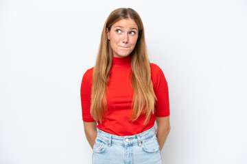Young caucasian woman isolated on white background having doubts while looking up