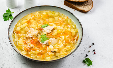 Healthy traditional cabbage shchi soup in plate. Top view, copy space.