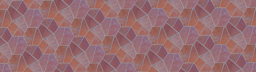 Abstract pink orange geometric hexagonal hexagon mosaic cement stone concrete tiles, tile mirror wall texture background banner panorama