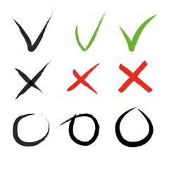 Set of simple check mark: green tick and red cross. Round and square, with sharp and rounded corners. Various ticks or tics and rejection icons set. Flat line style. Document signing, business concept
