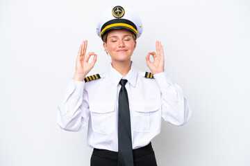 Airplane caucasian pilot woman isolated on white background in zen pose