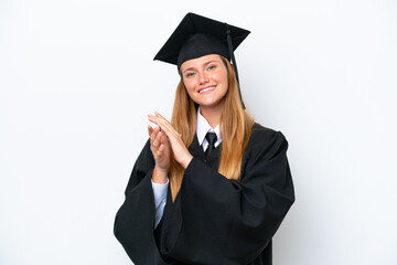 Young university graduate caucasian woman isolated on white background applauding after presentation in a conference