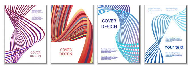 A set of 4 abstract covers. Wavy parallel gradient lines, ribbons evolve. Cover design, background. Trendy banner, poster.