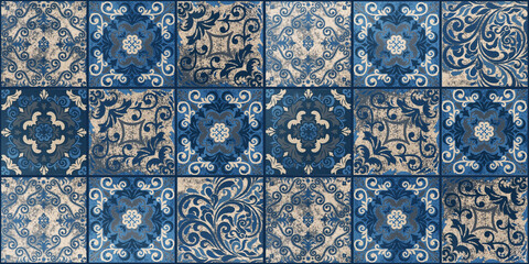 Old blue beige vintage worn geometric shabby mosaic ornate patchwork motif porcelain stoneware tiles,  square stone concrete cement tile mirror wall texture background