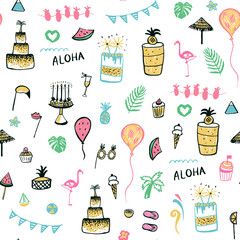 Flamingo party birthday aloha seamless vector pattern