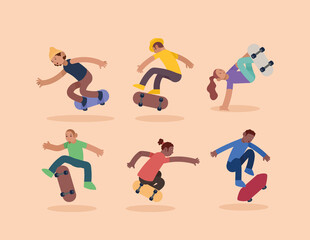 Fototapeta na wymiar six skateboarders sport characters