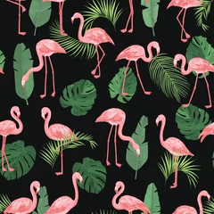 Papier Peint photo Flamingo Flamingo with palm tree leaves seamless vector pattern