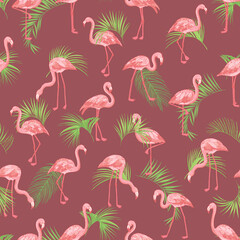 Obraz premium Flamingo with palm tree leaves seamless vector pattern