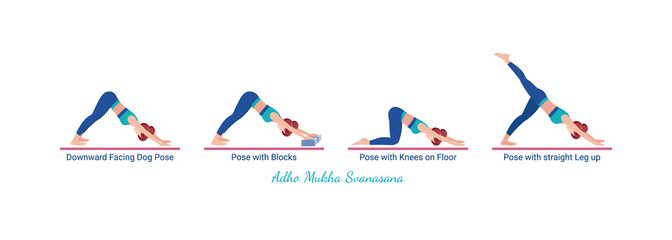 Young woman is lying in Adho Mukha Svanasana. Active woman in Downward Facing Dog Pose. Girl is exercising enjoying healthy lifestyle. Vector Illustration isolated on white background.