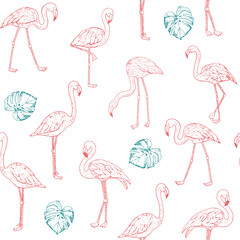 Flamingo birds with monstera leaves line graphic  seamless vector pattern