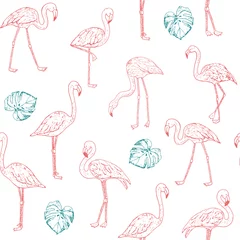 Foto auf Acrylglas Flamingo Flamingo-Vögel mit Monstera-Blättern zeichnen grafisches, nahtloses Vektormuster