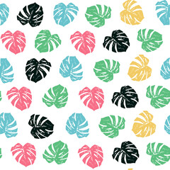 Monstera Palm leaves vector seamless pattern