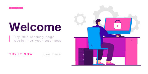 Man sitting at desk and unlocking computer. Computer settings, login flat vector illustration. Modern technologies, personal data protection concept for banner, website design or landing web paged