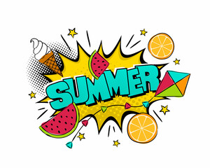 Comic juicy Summer Logo. Pop art explosion with ice cream, orange, kite and watermelon in cartoon style. Seasonal Vector illustration for sticker, badge, poster, banner or calendar.