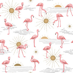 Flamingo met zon naadloos vectorpatroon