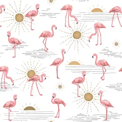 Lichtdoorlatende gordijnen Flamingo Flamingo met zon naadloos vectorpatroon