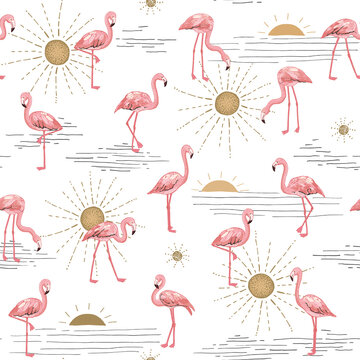 Flamingo with sun seamless vector pattern