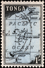 Map of Tonga archipelago on vintage postage stamp - obrazy, fototapety, plakaty