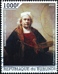 Self portrait by Rembrandt van Rijn on postage stamp - obrazy, fototapety, plakaty