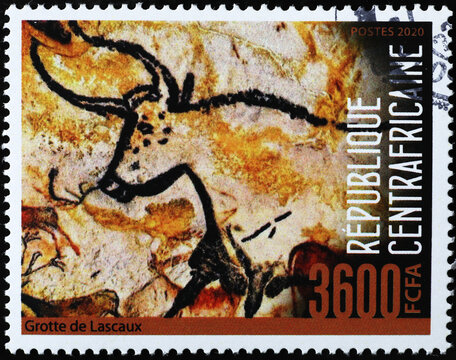 Prehistoric depictions of ox from Lascaux caves on stamp