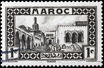 Cityscape of Tanger on old moroccan postage stamp